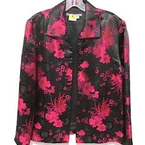 Black Satin Jacket with Pink Floral Pattern, Size 10